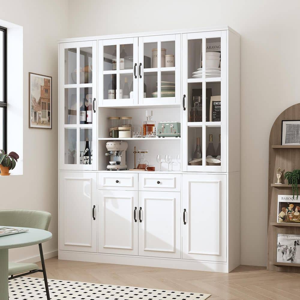 White Wooden 63 in. W Food Pantry Cabinet Storage Organizer with Tempered Glass Doors, 2-Drawers, Adjustable Shelves