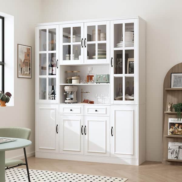 White Wooden 63 in. W Food Pantry Cabinet Storage Organizer with Tempered Glass Doors, 2-Drawers, Adjustable Shelves