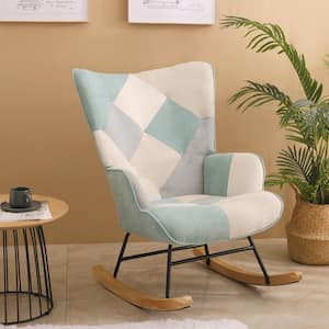 Blue Rocking Chair, Mid Century Fabric Rocker Chair with Wood Legs and Patchwork Linen for Livingroom Bedroom