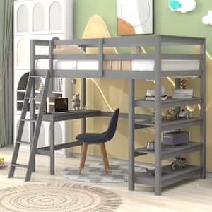 Twin Size Wood Gray Loft Bed with Desk, Ladder, Loft Beds with Storage Shelves, Wood Loft Bed Frame for Bedroom, Kids