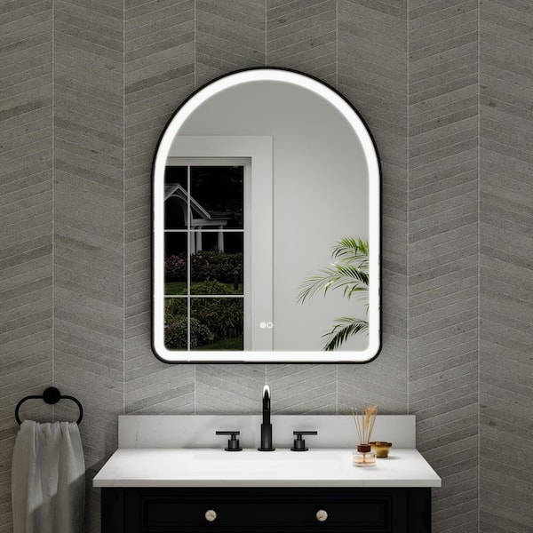 BONIE 28 in. W x 36 in. H Arched Framed LED Anti-Fog Wall Bathroom Vanity Mirror in Matte Black