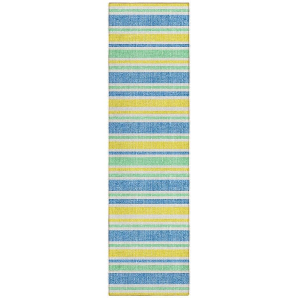 HomeRoots Blue, Yellow, Green 2 ft. x 8 ft. Woven Striped Polyester Runner Indoor / Outdoor Area Rug