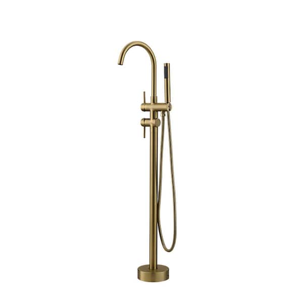 FLG 2-Handle Freestanding Tub Faucet with Hand Shower Floor Mounted Tub Filler in Brushed Gold