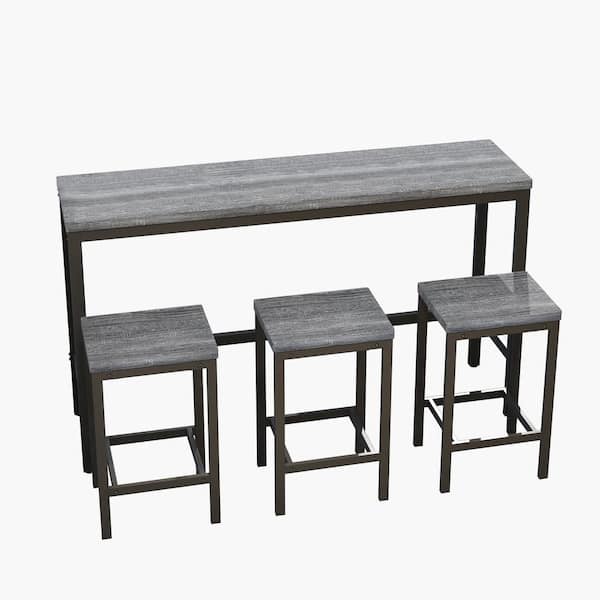 Sudzendf 4-Piece Wood Outdoor Dining Table Set with 3 Stools in Gray