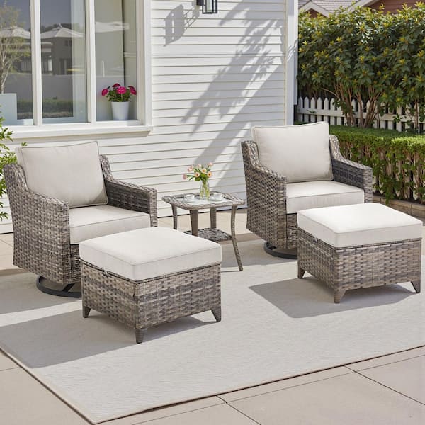 Hort Gray 5-Piece Wicker Outdoor Patio Conversation Swivel Rocking Chair Sets with Beige Cushions