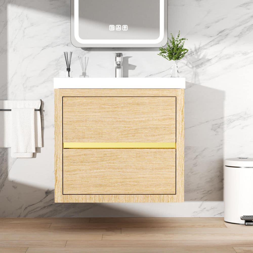 Ziyudura 24 in. Single Sink Floating Oak Bath Vanity with White