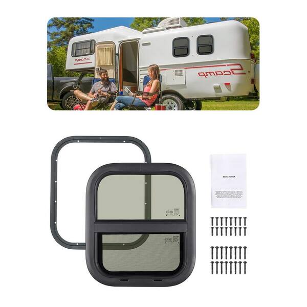 SKYSHALO Vertical RV Window, 14 in. W x 16 in. H Tinted Sliding RV Window with Net Screen and Trim Ring, RV Window Replacement