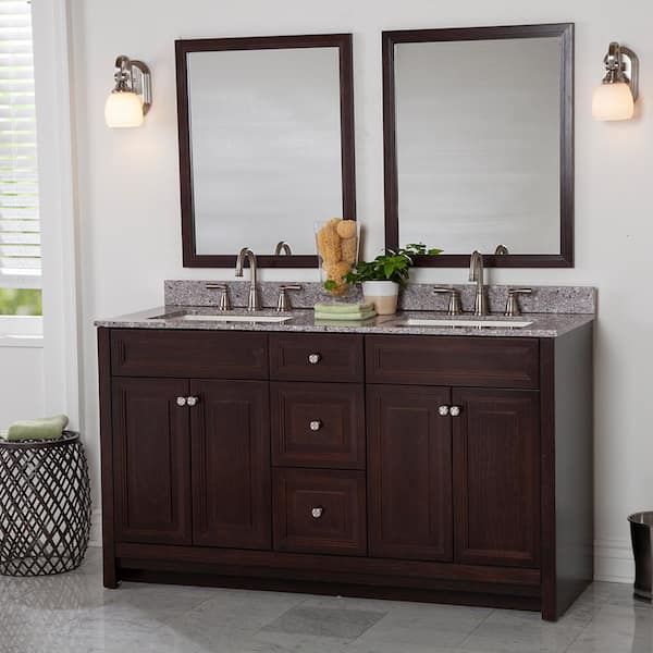 Home Decorators Collection Brinkhill 61 in. W x 22 in. D Bath Vanity in Chocolate with Stone Effect Vanity Top in Mineral Gray with White Sink