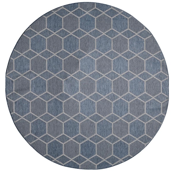 MILLERTON HOME Isla Denim 8 ft. Round Transitional Geometric Indoor/Outdoor Area Rug
