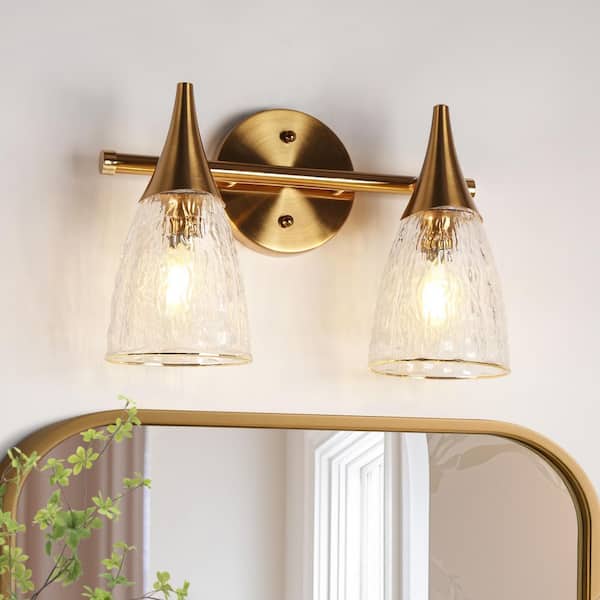LNC Modern 13 in. 2-Light Plated Brass Vanity Light with Clear Water Glass Shades