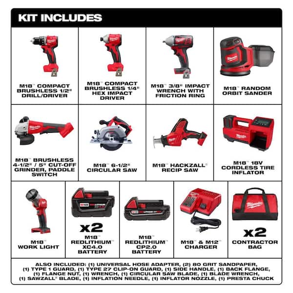 M18 18V Lithium-Ion Cordless Combo Kit (8-Tool) with (3) Batteries, Charger and Tool Bag with M18 Inflator