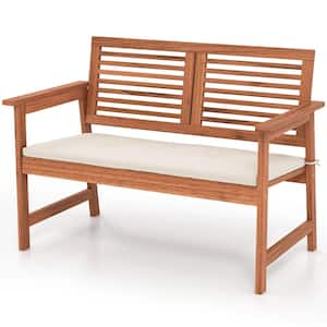 Wood Outdoor Bench with Cushion 2-Person Patio Bench w/Slatted Back & Seat Garden Backyard Balcony