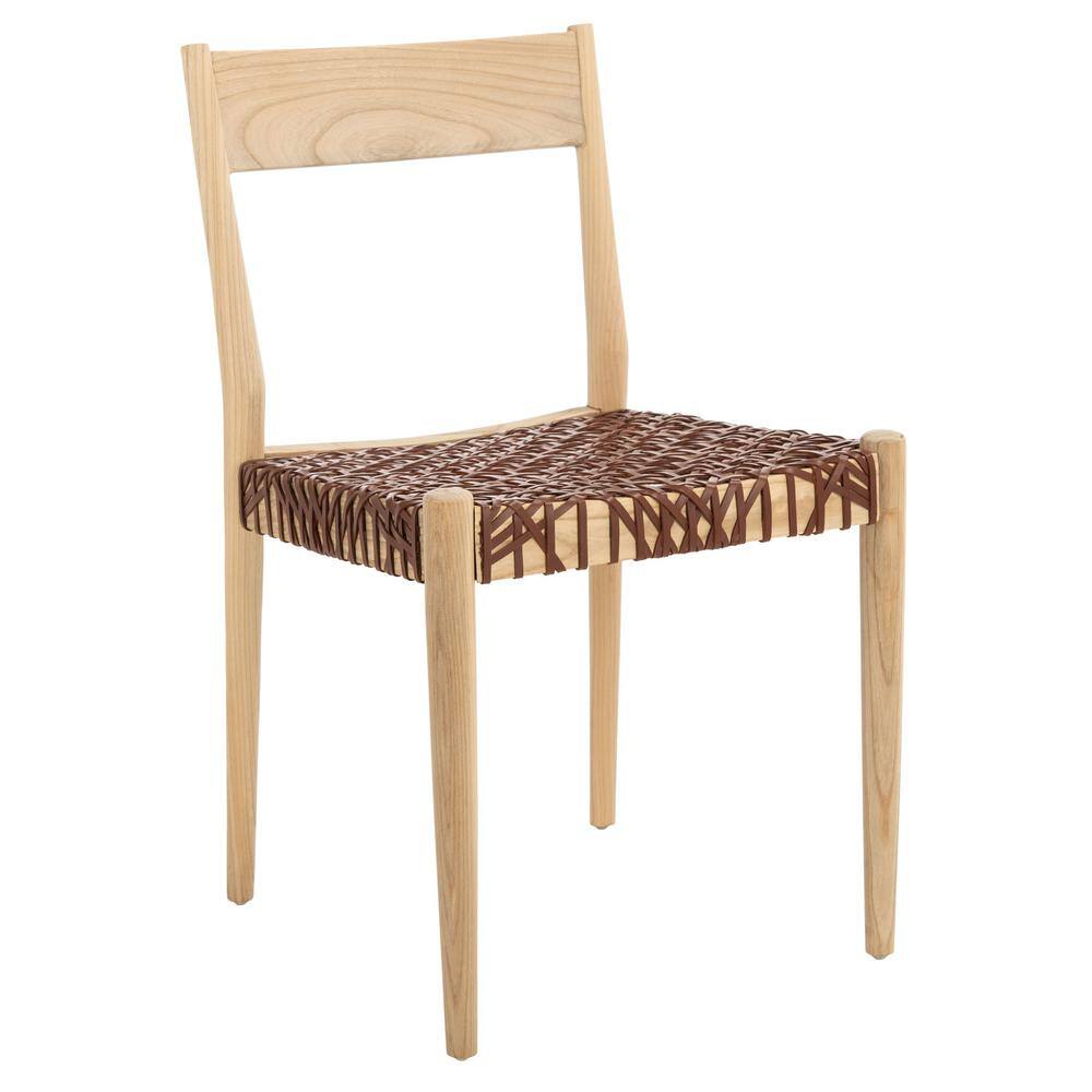 Chic Cognac Woven Leather & Natural Wood Dining Chair Set
