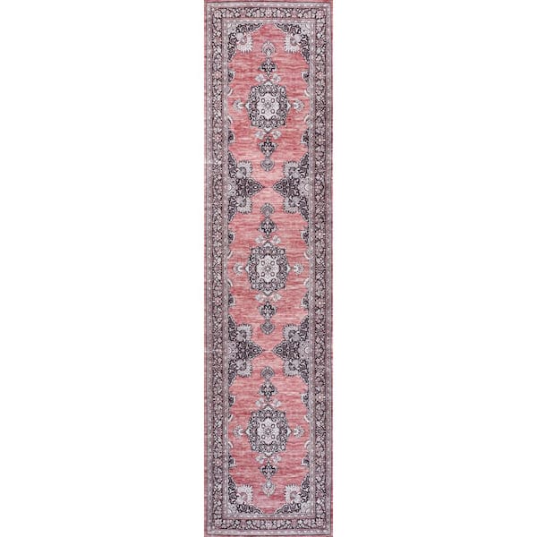 Dark Pink/Black/White 2 ft. x 8 ft. Bausch Bohemian Distressed Chenille Machine-Washable Runner Rug