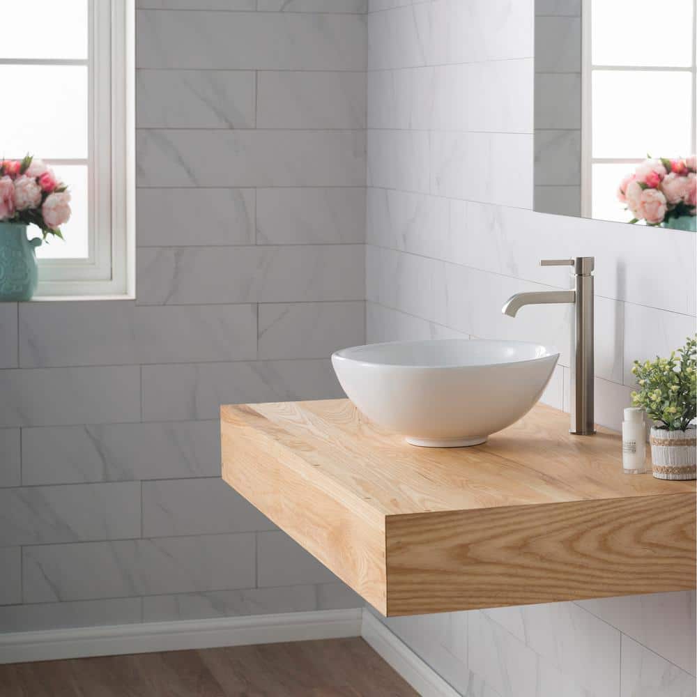 White Ceramic Round Vessel Sink with Satin Nickel Faucet