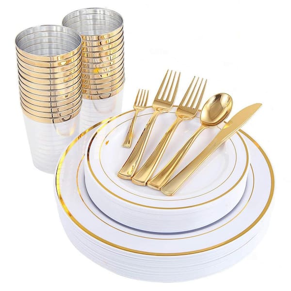 25-Piece White Plastic Kitchen Dinnerware Set (Service for 25 Guests) - Includes Plates Cutlery and Cups