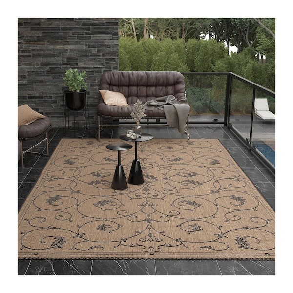 Recife Veranda Brown-Black 8 ft. x 11 ft. Flatwoven Floral Rectangle Indoor/Outdoor Area Rug