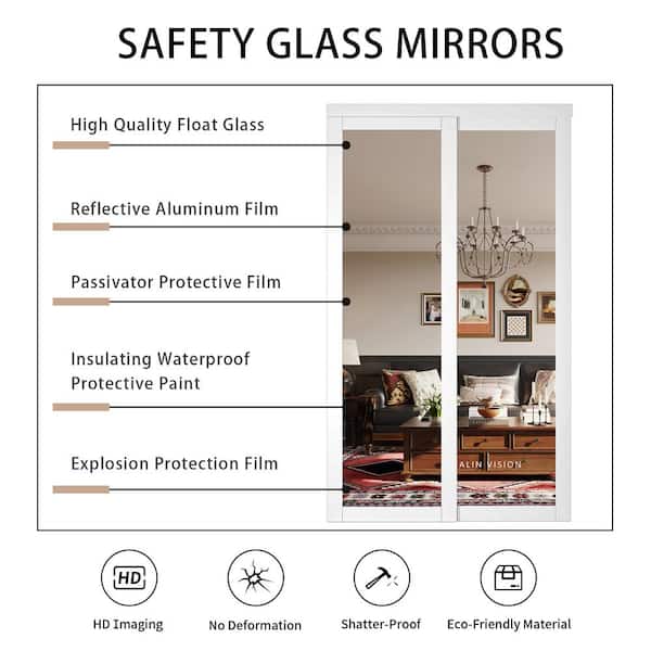 60 in. x 80 in. White MDF Sliding Door with Double Mirrored 1 Panel Glass, All Hardware