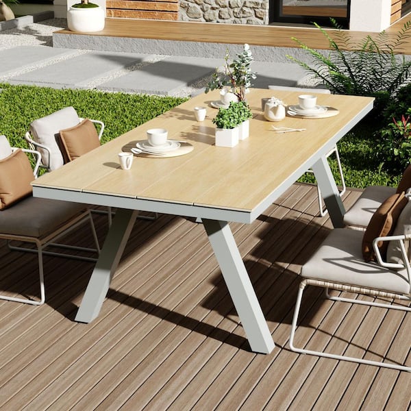 FUFU&GAGA Wood Grain and Light Gray Wood 86.6 in. Width 4 Legs Indoor Outdoor Dining Table with Rust-Resistant Legs for 6 Seats