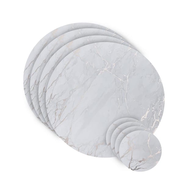 Dainty Home Marble Cork 15 in. x 15 in. Silver Round Cork Placemat and Coasters (Set of 8) 4-Coasters and 4-Placemats