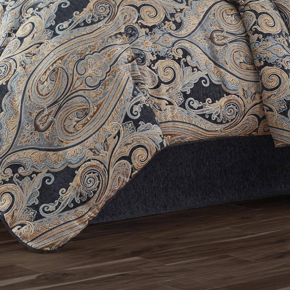 Indigo and Beige Microfiber King Bedding Set with Gathered Embellishment