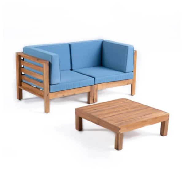 3-Piece Acacia Wood Outdoor Conversation Patio Furniture Set with Blue ...