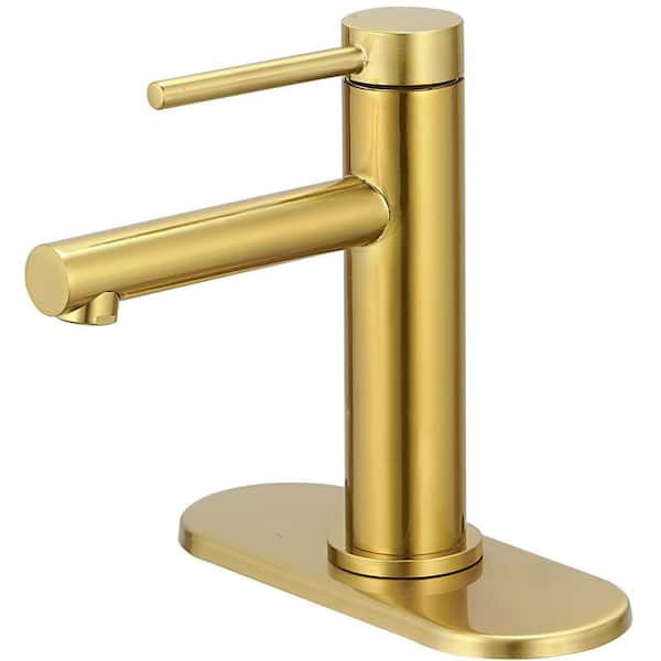 Single Handle Single Hole Low-Arc Bathroom Faucet with Drain Assembly Drip-Free Vanity Sink Faucet in Brushed Gold