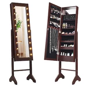 Brown with 18 LED Lights Mirrored Freestanding Jewelry Armoire Organizer Cabinet 57 in. x12.5 in. x 14 in.