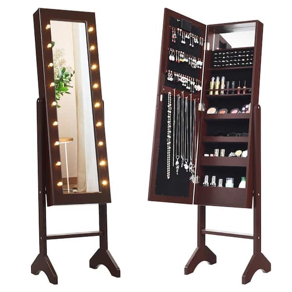 Costway Brown With 18 Led Lights, Mirror Jewelry Armoire With Lights
