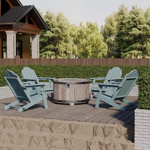 36 in. 5-Piece Metal Patio Fire Pit Set Fire Pit Table and Blue Adirondack Chairs with Cup Holder and Umbrella Holder