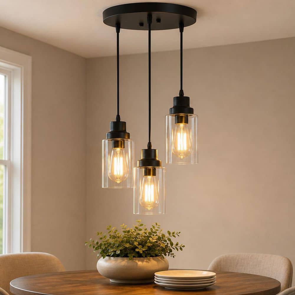 YANSUN 3-Light Black Vintage Cluster Hanging Ceiling light Fixture