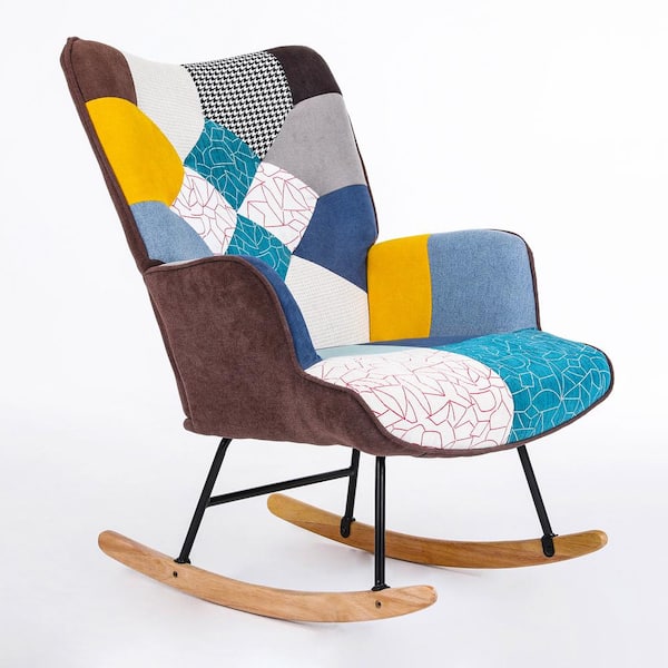 TIRAMISUBEST TD Garden Ergonomic Wood Outdoor Rocking Chair with Multi-Colored Cushion