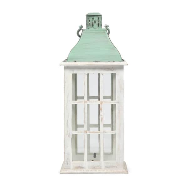 Afoxsos Reigle Coastal Handcrafted Mango Wood Decorative Lantern, White Wash/Green Pat