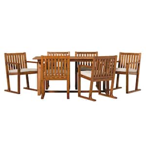 Brown 7-Piece Modern Slatted Wood Geometric Outdoor Dining Set with Bisque Cushions