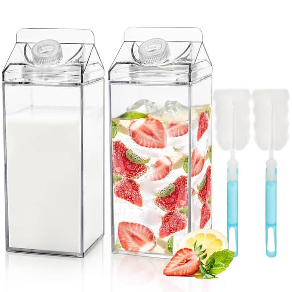 2 Pack 64 oz. Milk Carton Water Bottle, Plastic Milk Bottle with Cleaning Brush, Portable Leakproof Square Juice Bottle