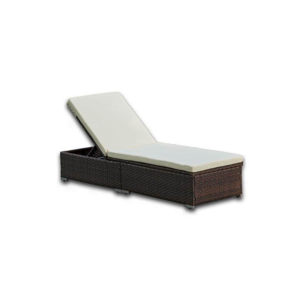 Brown Modern Wicker Outdoor Chaise Lounge with Beige Cushions