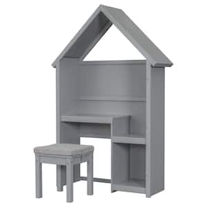 45.9 in. W x 16.5 in. D x 71.8 in. H Gray Wood Buffet Linen Cabinet with House-Shaped Desk and Cushion Stool