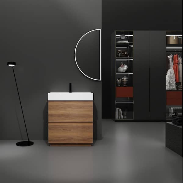 18 in. W x 29 in. D x 35 in. H 1-Sink Freestanding Bath Vanity in Brown with White Resin Top and 2-Drawers