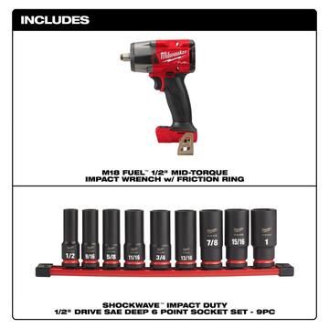 M18 FUEL Gen-2 18V Lithium-Ion Brushless Cordless Mid Torque 1/2 in. Impact Wrench (Tool-Only) w/9-piece Socket Set