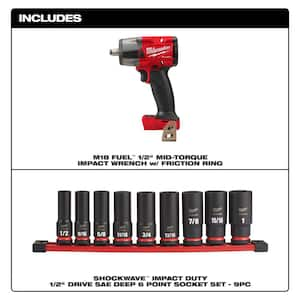 M18 FUEL Gen-2 18V Lithium-Ion Brushless Cordless Mid Torque 1/2 in. Impact Wrench (Tool-Only) w/9-piece Socket Set