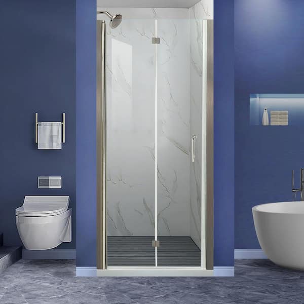 36-37.9 in. W x 72 in. H Frameless Bifold Shower Door with 1/4 in. Thick Clear Glass in a Brushed Nickel Finish.