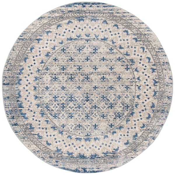 Brentwood Light Grey/Blue 5 ft. x 5 ft. Round Geometric Multi-Border Area Rug