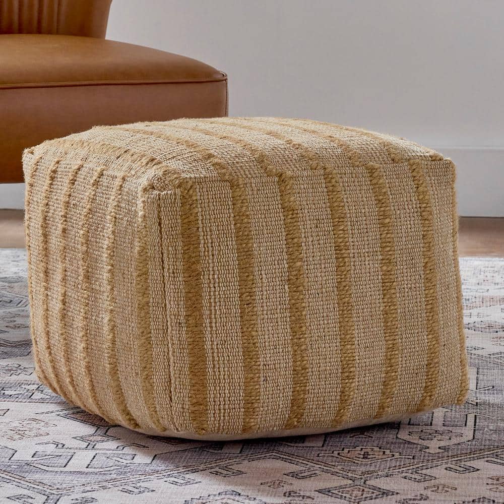 Hand Woven Natural and White Cotton/Jute Square Pouf Ottoman