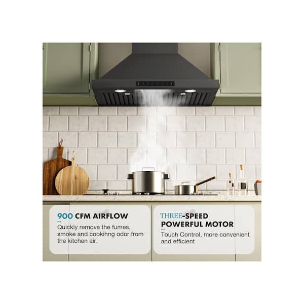 36 in. 900CFM Convertible Wall Mount Range Hood in Black Stainless Steel 3-Speed / Charcoal Filter and Gesture Control