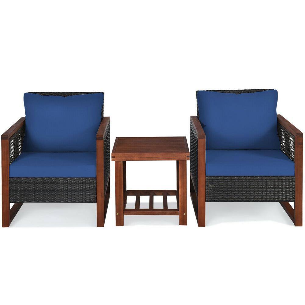 3-Piece PE Wicker Patio Conversation Set with Wooden Frame and Navy Cushion price history on PriceWatchPro