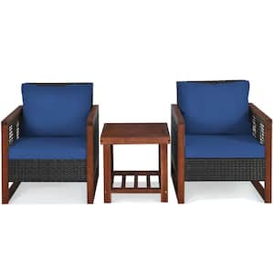 3-Piece PE Wicker Patio Conversation Set with Wooden Frame and Navy Cushion