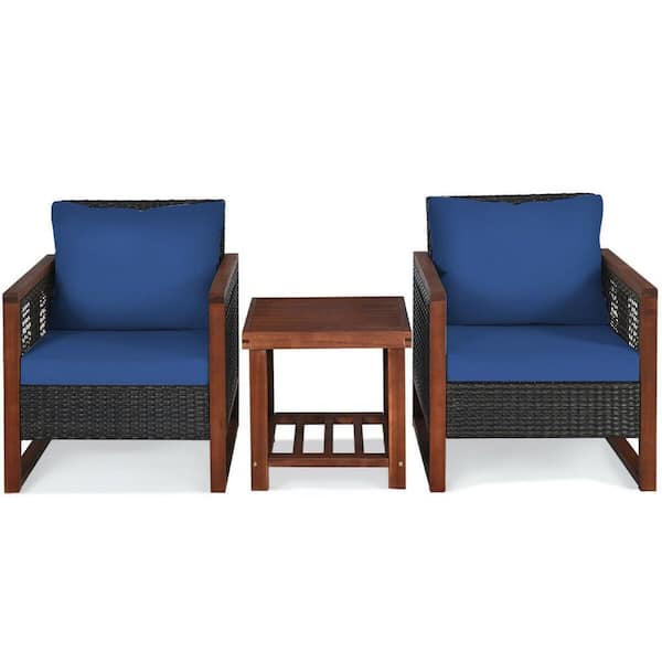 ANGELES HOME 3-Piece PE Wicker Patio Conversation Set with Wooden Frame and Navy Cushion