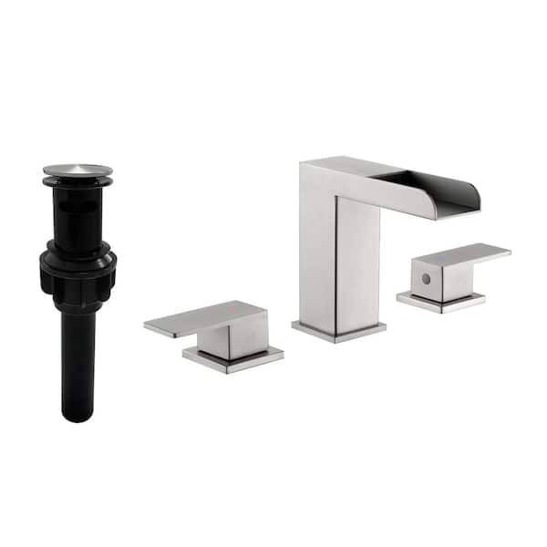 AIMADI 8 in. Widespread Double Handle Waterfall Bathroom Faucet with Drain Assembly 3-Hole Bathroom Basin Tap in Brushed Nickel