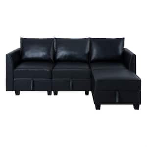 87.01 in. W Modern Reversible Faux Leather Sectional Sofa Couch with Chaise with Storage in Black