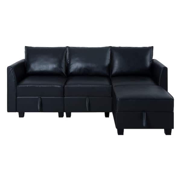 HOMESTOCK 87.01 in. W Modern Reversible Faux Leather Sectional Sofa Couch with Chaise with Storage in Black